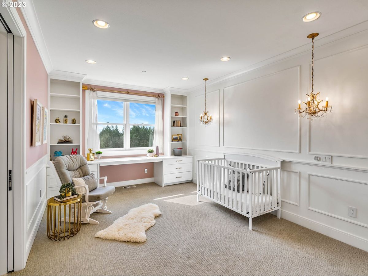 Kid's Bedroom with carpet flooring, a crib, and custom lighting.