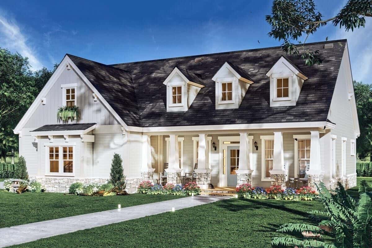 Front rendering with three gable dormers and a covered entry porch framed with tapered columns.