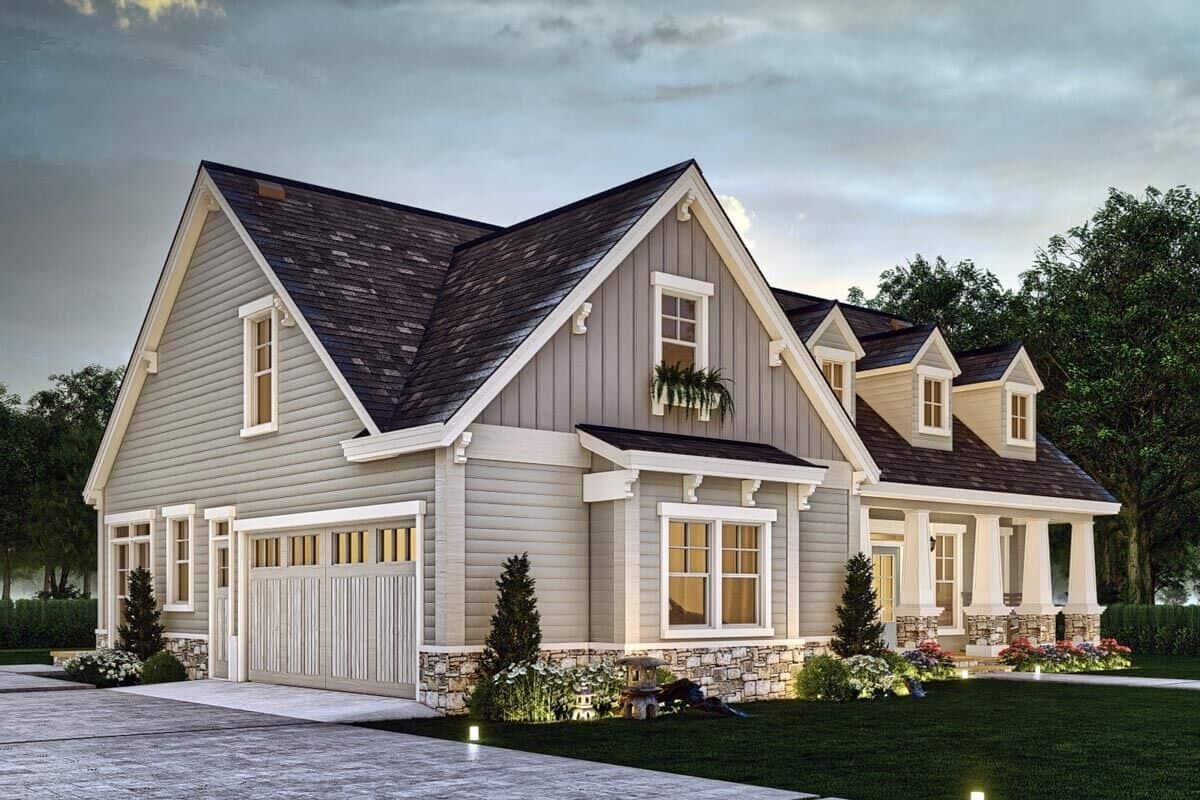 Front-left rendering with a stone base and a side-entry garage.