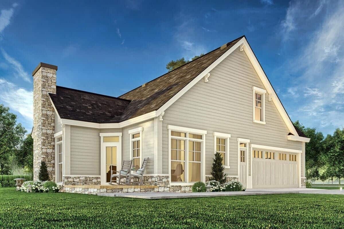 Left-rear rendering with a double garage, a stone chimney, and an open patio.