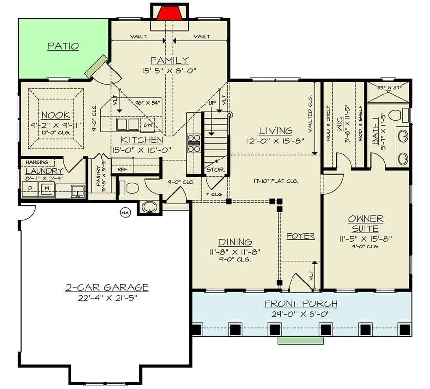 Main level floor plan of a country style two-story 3-bedroom home with foyer, dining room, living room, kitchen, family room, breakfast nook, primary suite, laundry, and a side-entry garage.