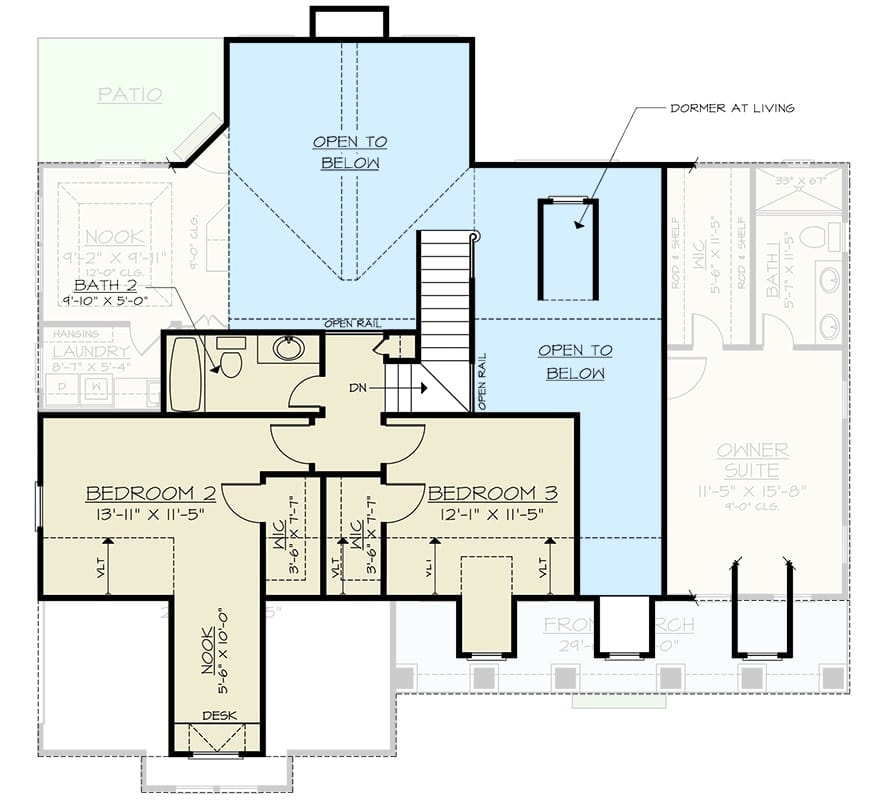 Second level floor plan with two bedrooms and a shared bathroom.