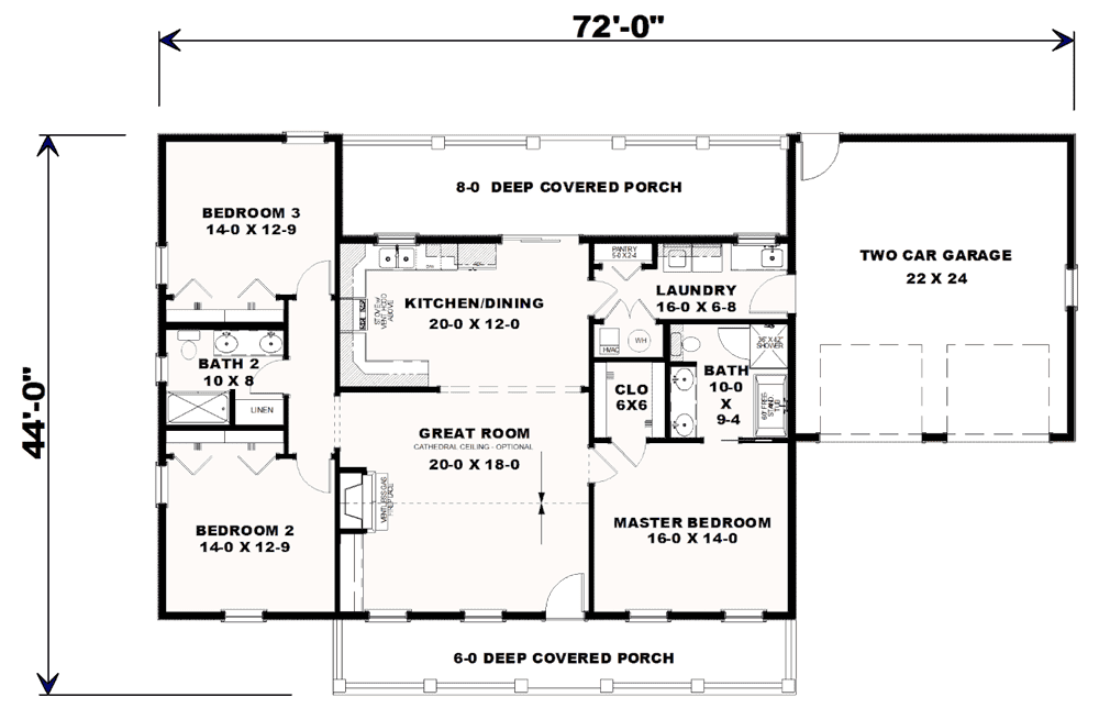 Main level floor plan of a ranch style single-story 3-bedroom home with front and back porches, great room, kitchen, dining area, three bedrooms, and laundry room leading to the garage.