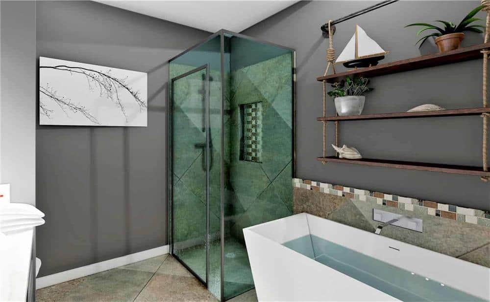 Primary bathroom with a walk-in shower and a freestanding tub topped with floating shelves.