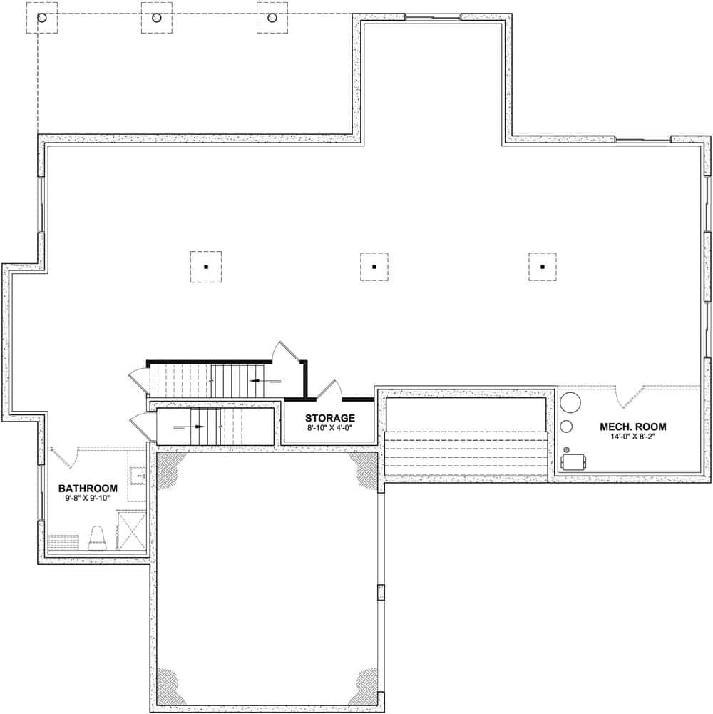 Lower level floor plan with bathroom, storage room, and mech room.