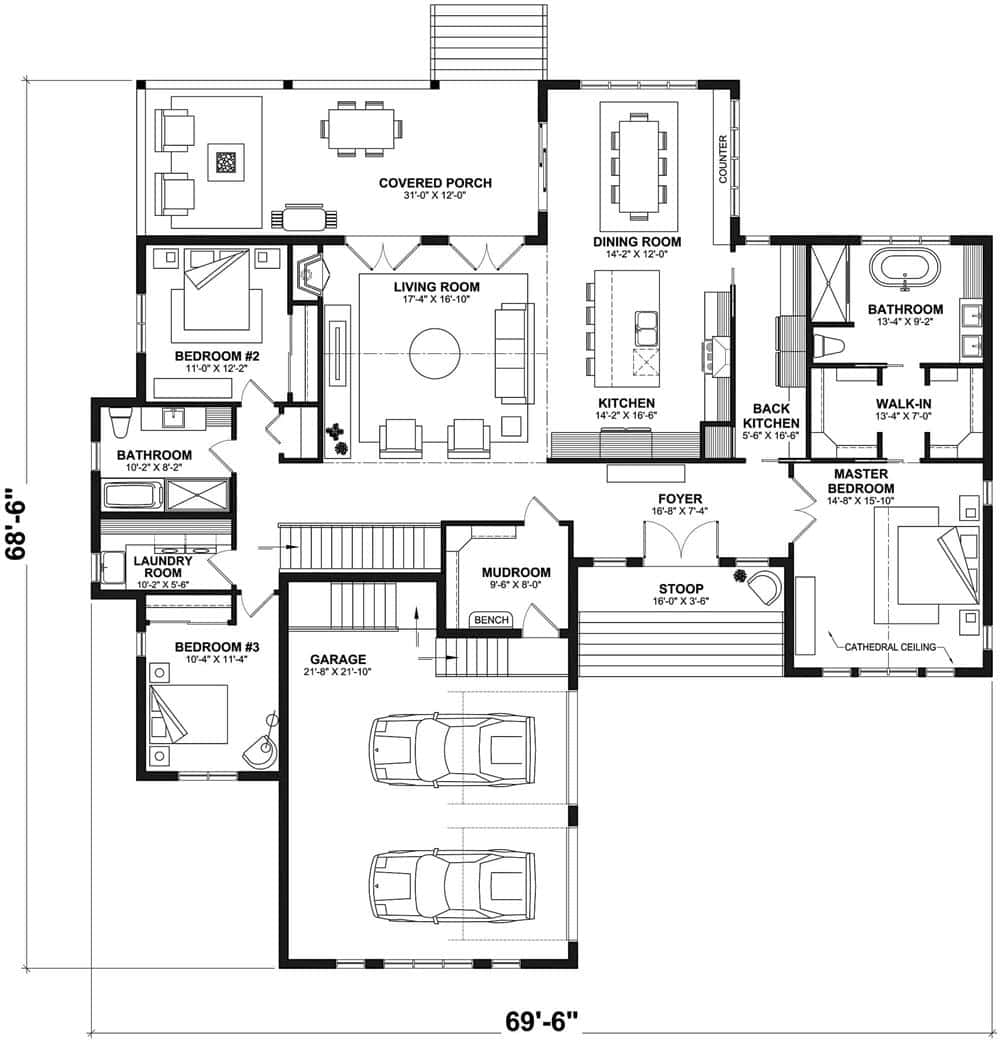 Main level floor plan of a 3-bedroom single-story ranch with foyer, living room, dining room, kitchen, three bedrooms, laundry room, and mudroom leading to the garage.