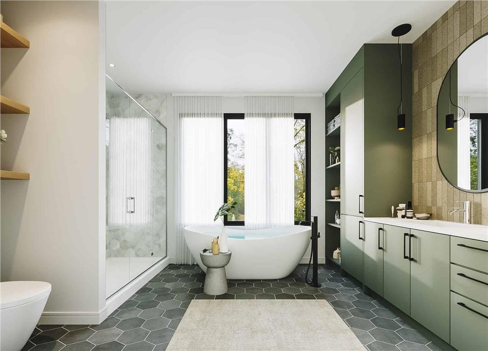 Primary bathroom with a dual sink vanity, a walk-in shower, and a soaking tub over the slate hex-tiled flooring.