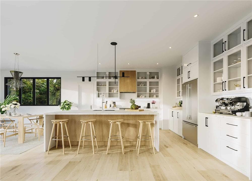 Kitchen with white and glass-front cabinetry and a waterfall island lined with wooden bar stools.
