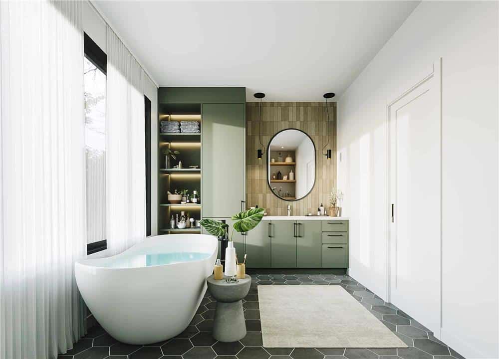 The primary bathroom includes a linen closet integrated to the sink vanity.