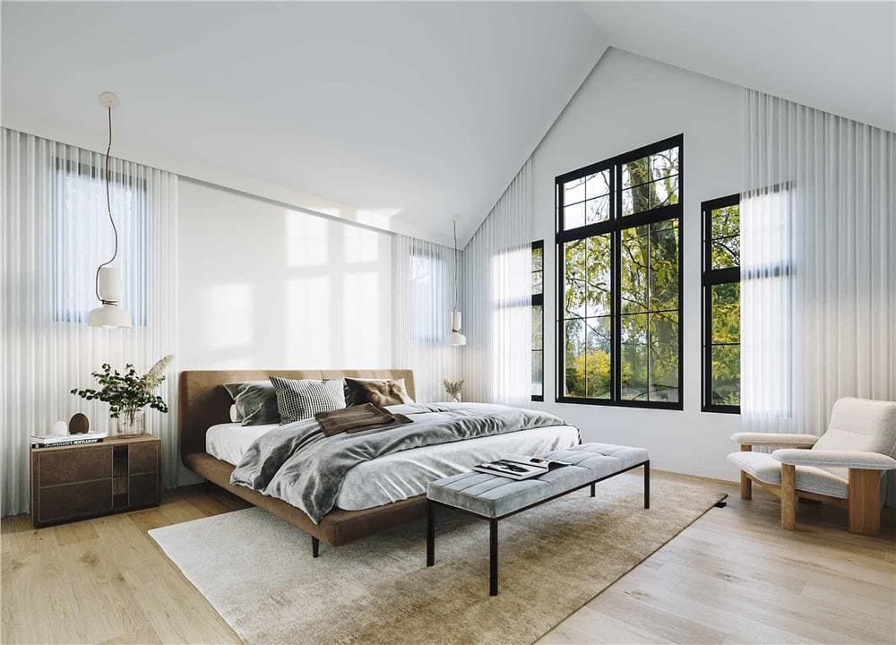 A cathedral ceiling crowns the primary bedroom.