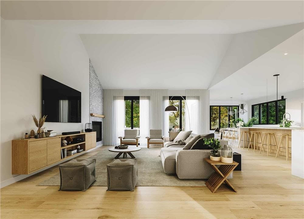 Living room with beige seats and a TV mounted above the floating console table.
