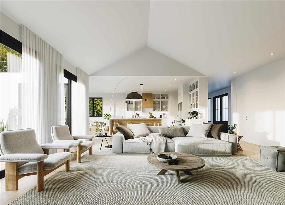 The living room includes a low coffee table sitting on a large area rug.