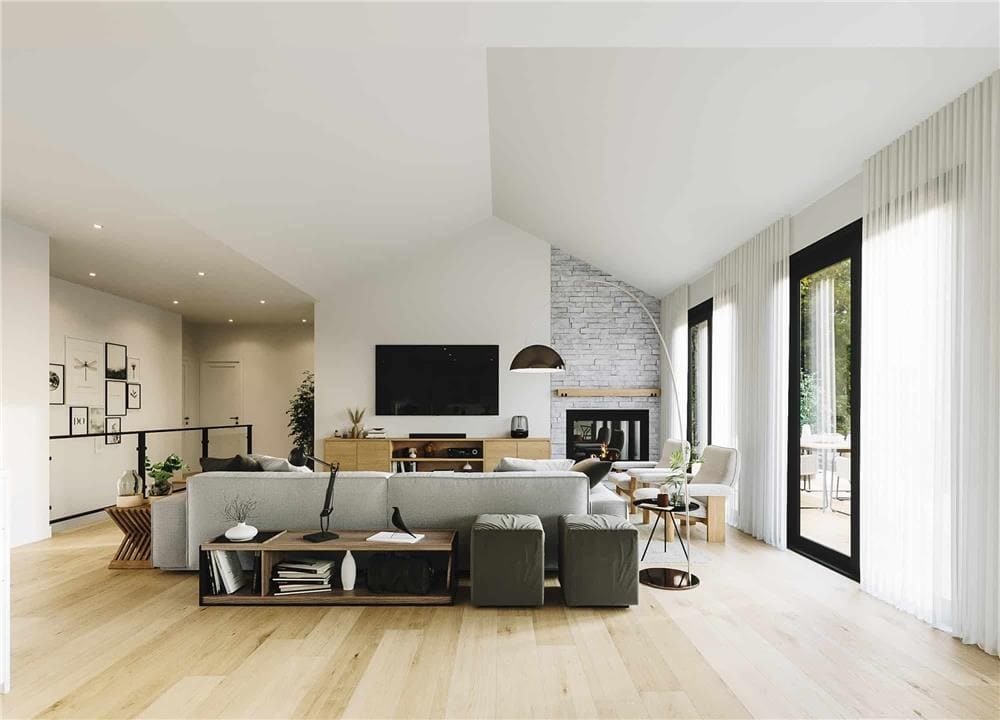A vaulted ceiling crowns the living room.