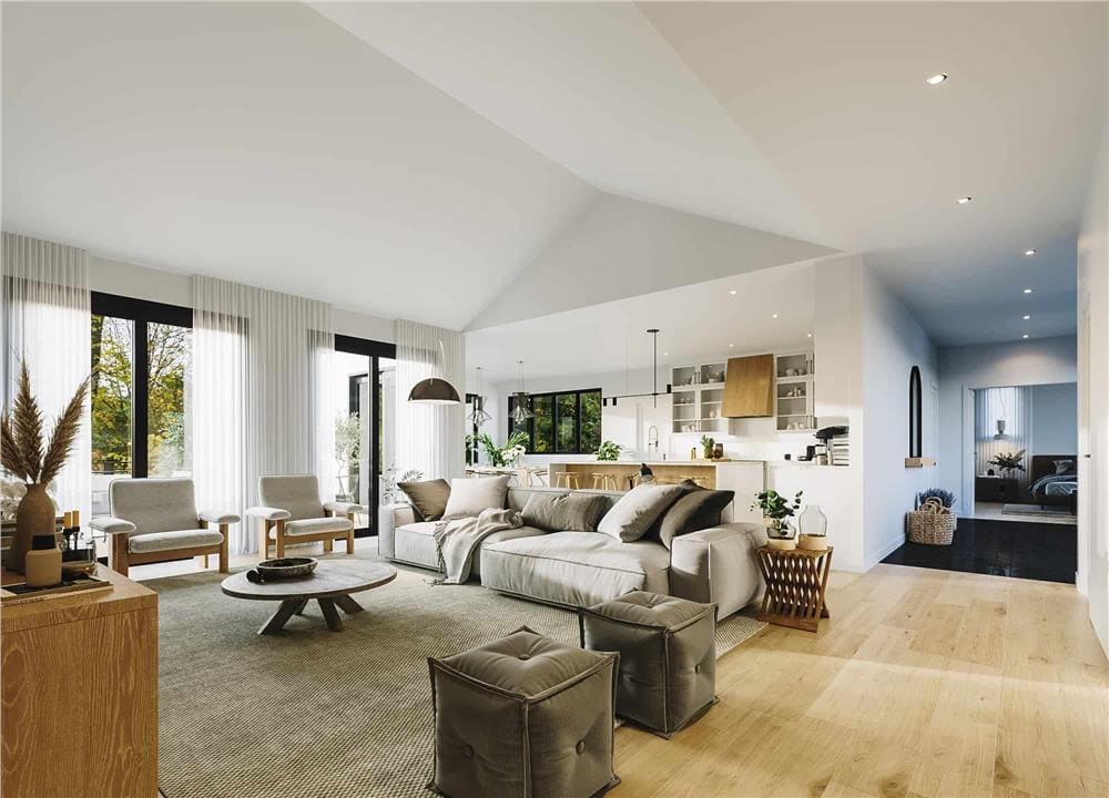 A hallway off the living room and kitchen leads to the primary bedroom.