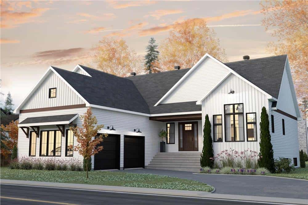 Front rendering with multiple gables, a side-loading garage, and a covered entry porch.