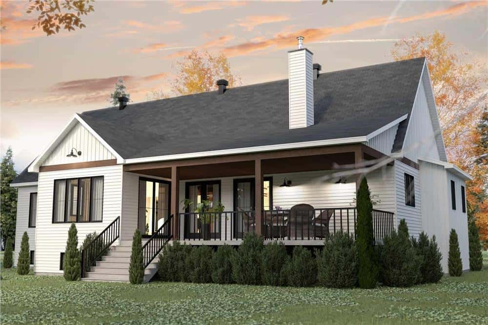 Rear rendering with a raised covered porch framed with rustic timbers.