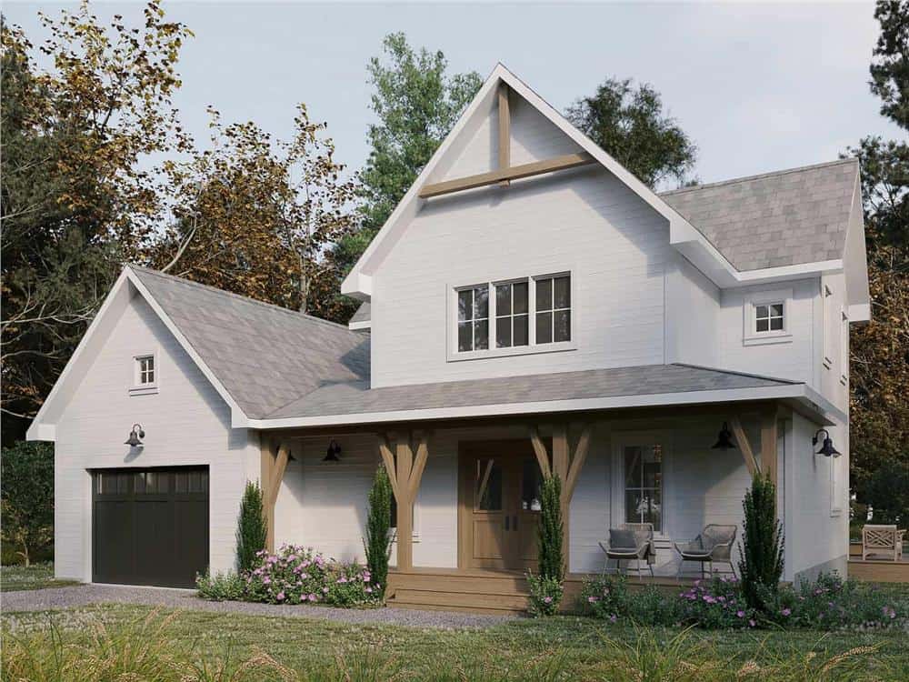 Front rendering with a single garage and a covered entry porch framed with wooden pillars.