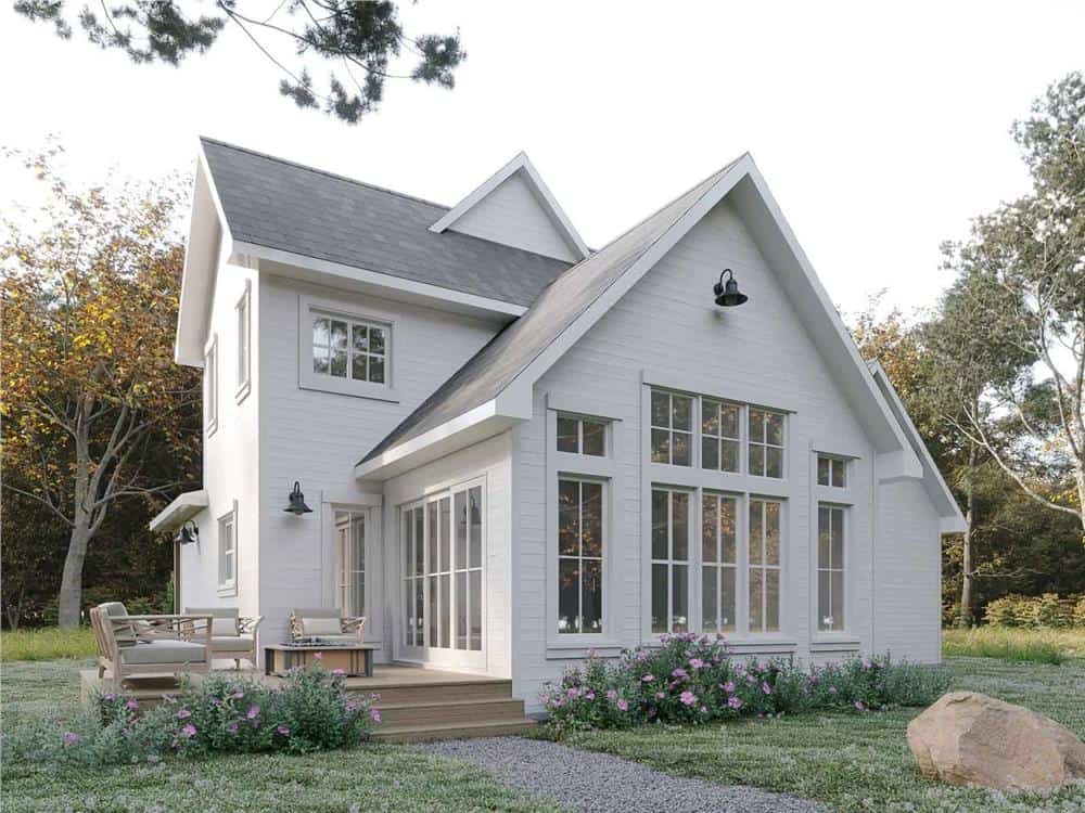 Rear rendering with an open patio and huge windows bathing the interior with abundant natural light.