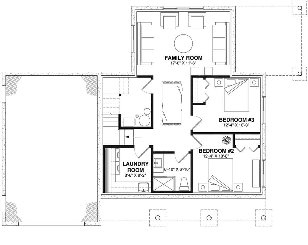 Lower level floor plan with two bedrooms, a shared bathroom, a laundry room, and a family room.
