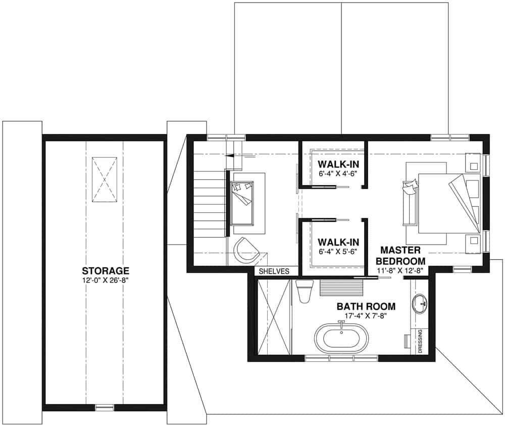 Second level floor plan with primary suite and a storage room above the garage.