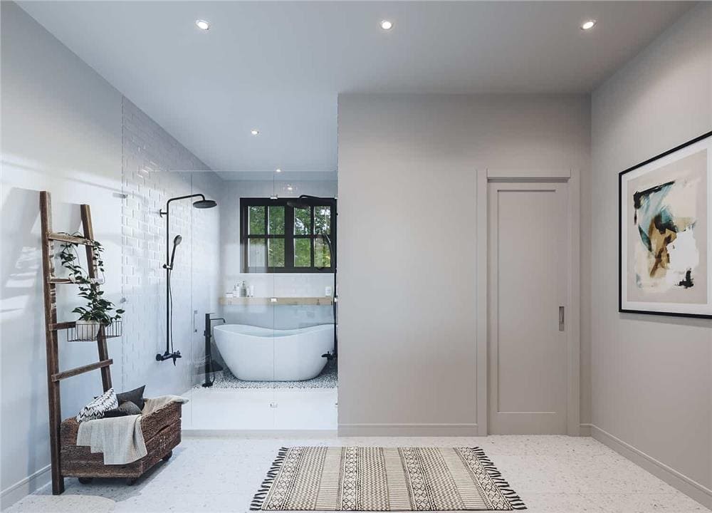The primary bathroom includes a walk-in shower and a soaking tub under the clerestory windows.
