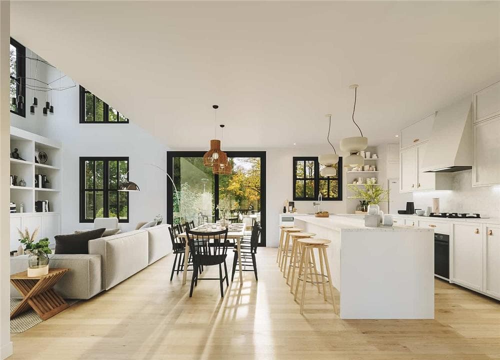 Eat-in kitchen with a wooden dining set, white cabinetry, and a breakfast island lined with wooden bar stools.