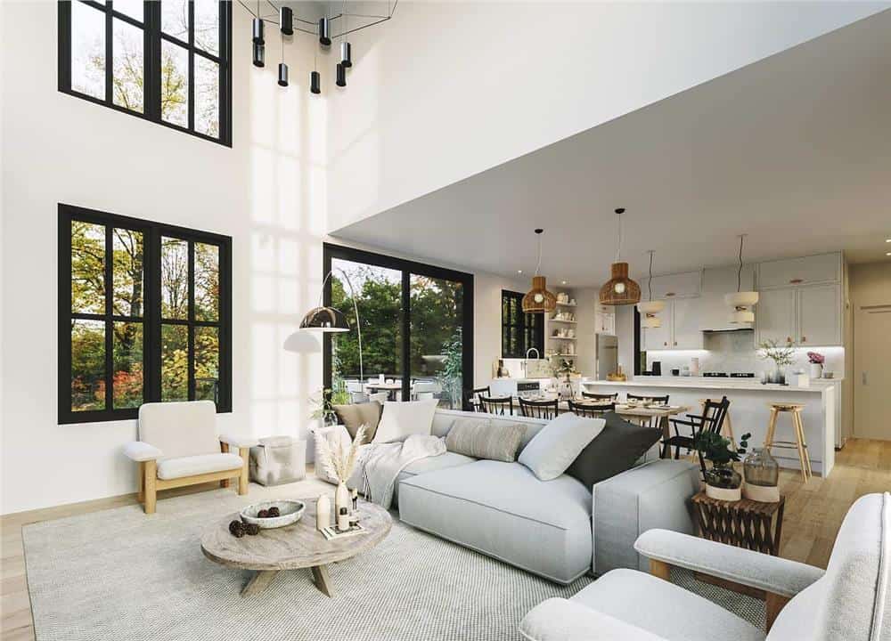 The living room opens completely to the eat-in kitchen.