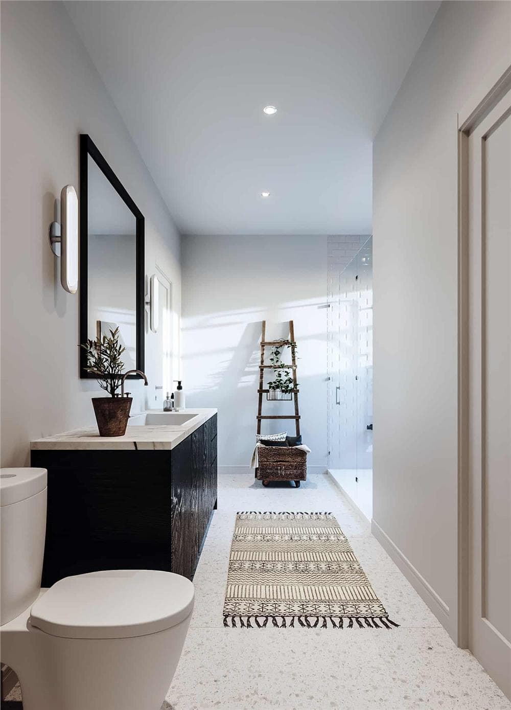 The primary bathroom is decorated with a tasseled runner and a wooden ladder that doubles as a towel rack.
