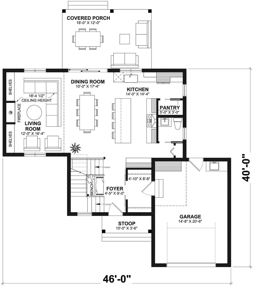 Main level floor plan of a contemporary style 3-bedroom two-story home with foyer, kitchen, dining room, living room, and a mudroom leading to the garage.
