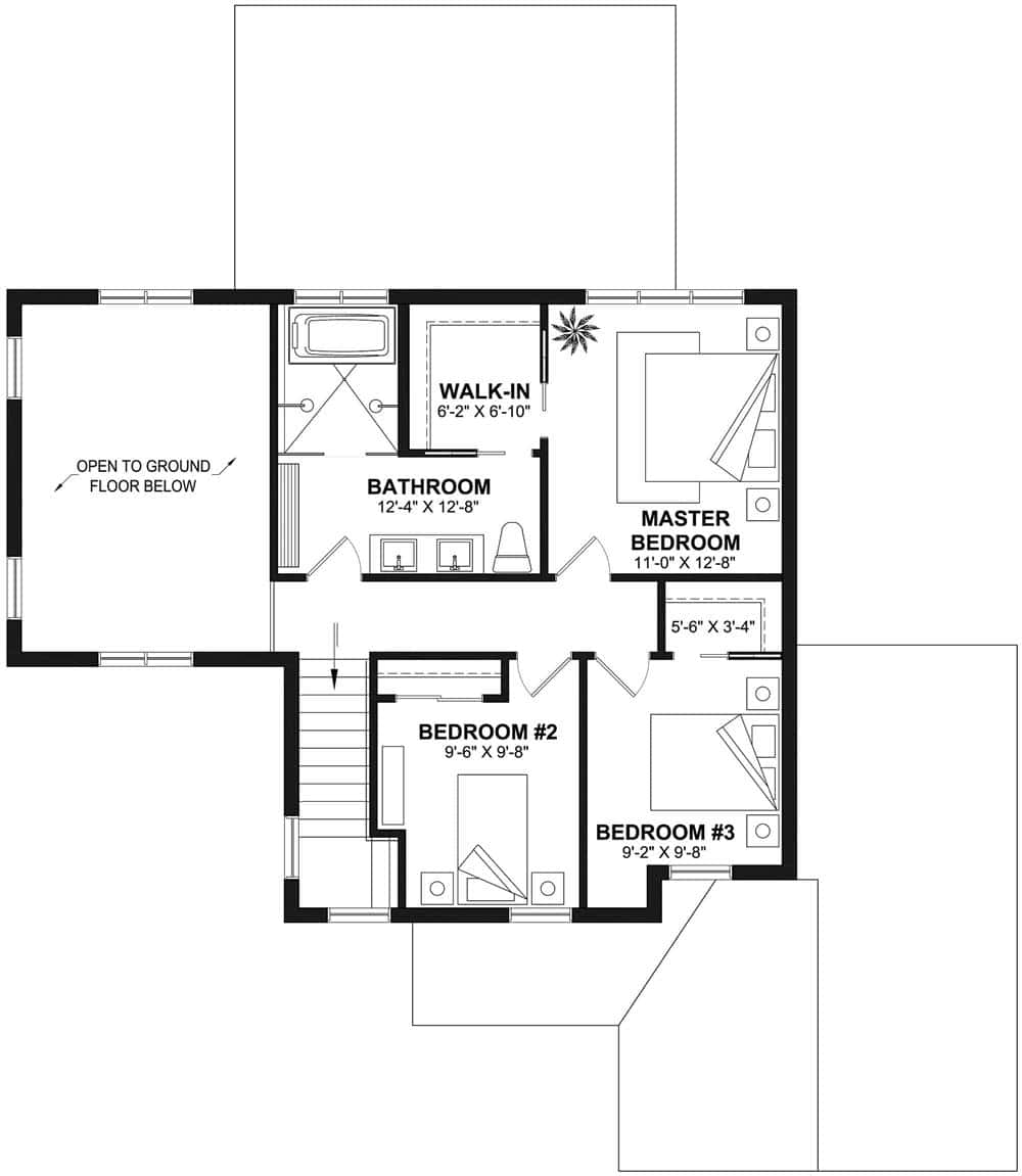 Second level floor plan with three bedrooms and a shared bathroom.