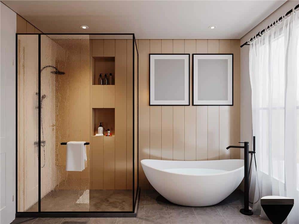 Primary bathroom with a soaking tub and a walk-in shower with inset shelves.