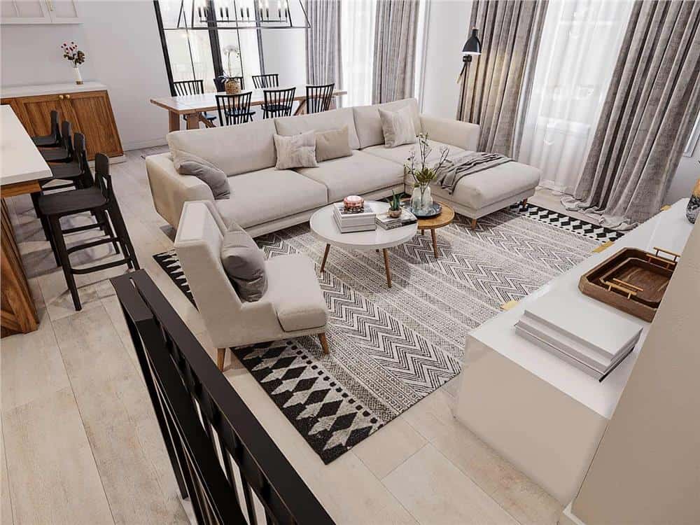 The living room opens into the kitchen and dining area.