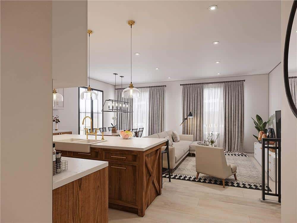 Kitchen and living room with wooden cabinets, marble countertops, and modern furnishings.