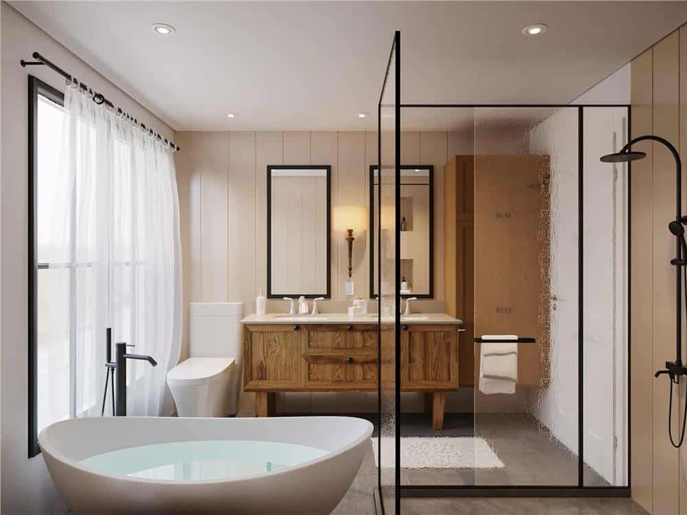 The primary bathroom includes a toilet and a dual sink vanity topped with rectangular mirrors.