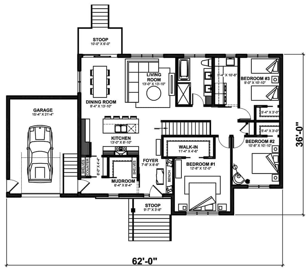 Main level floor plan of a single-story 3-bedroom contemporary home with foyer, living room, dining room, kitchen, three bedrooms, laundry room, and a mudroom leading to the garage.