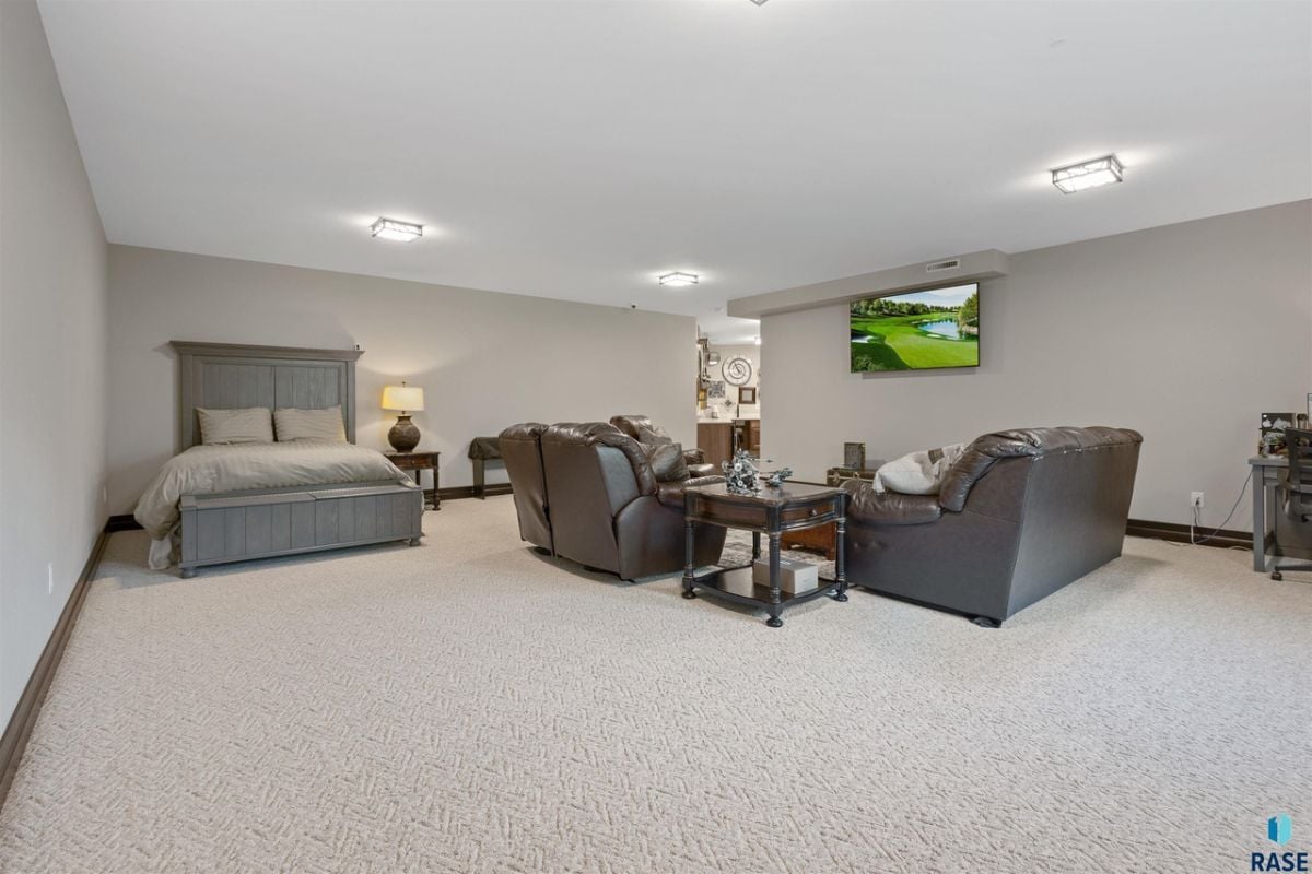 Bedroom with carpet flooring, couches and a TV.