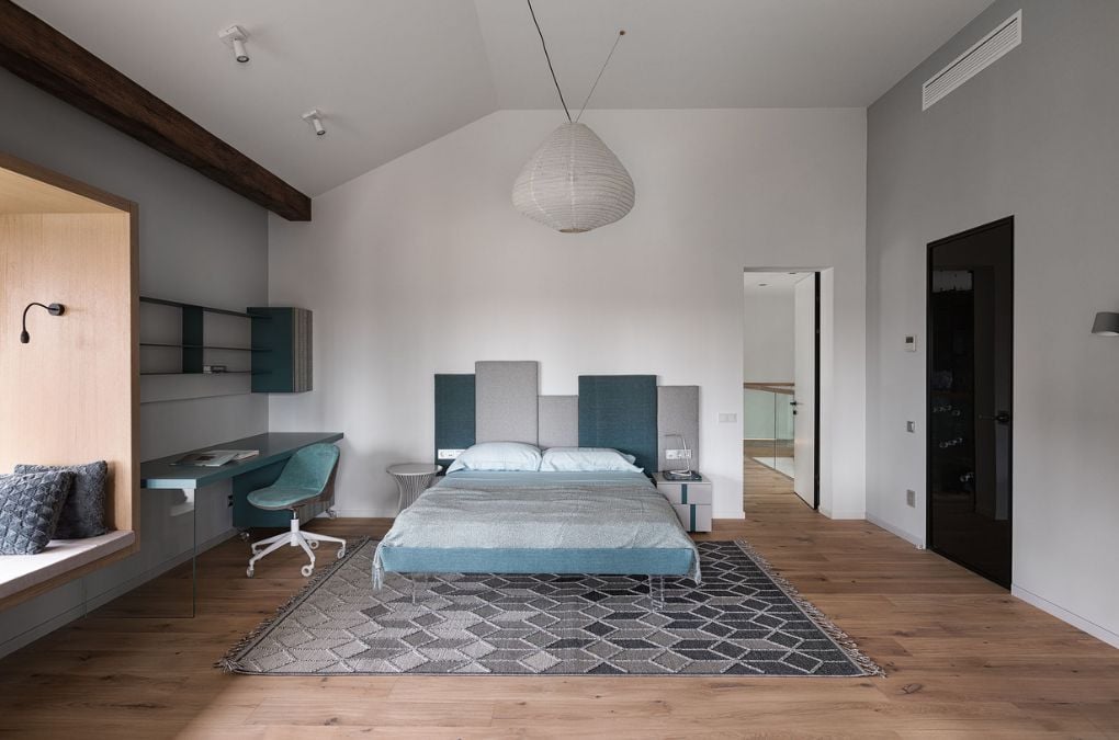 A large bedroom with study area