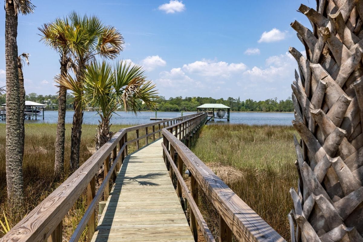 Wooden boardwalk leading to the dock.