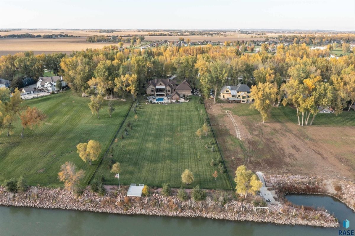 Aerial rear view of the 8,584 Sq. Ft. estate in Jefferson, SD.