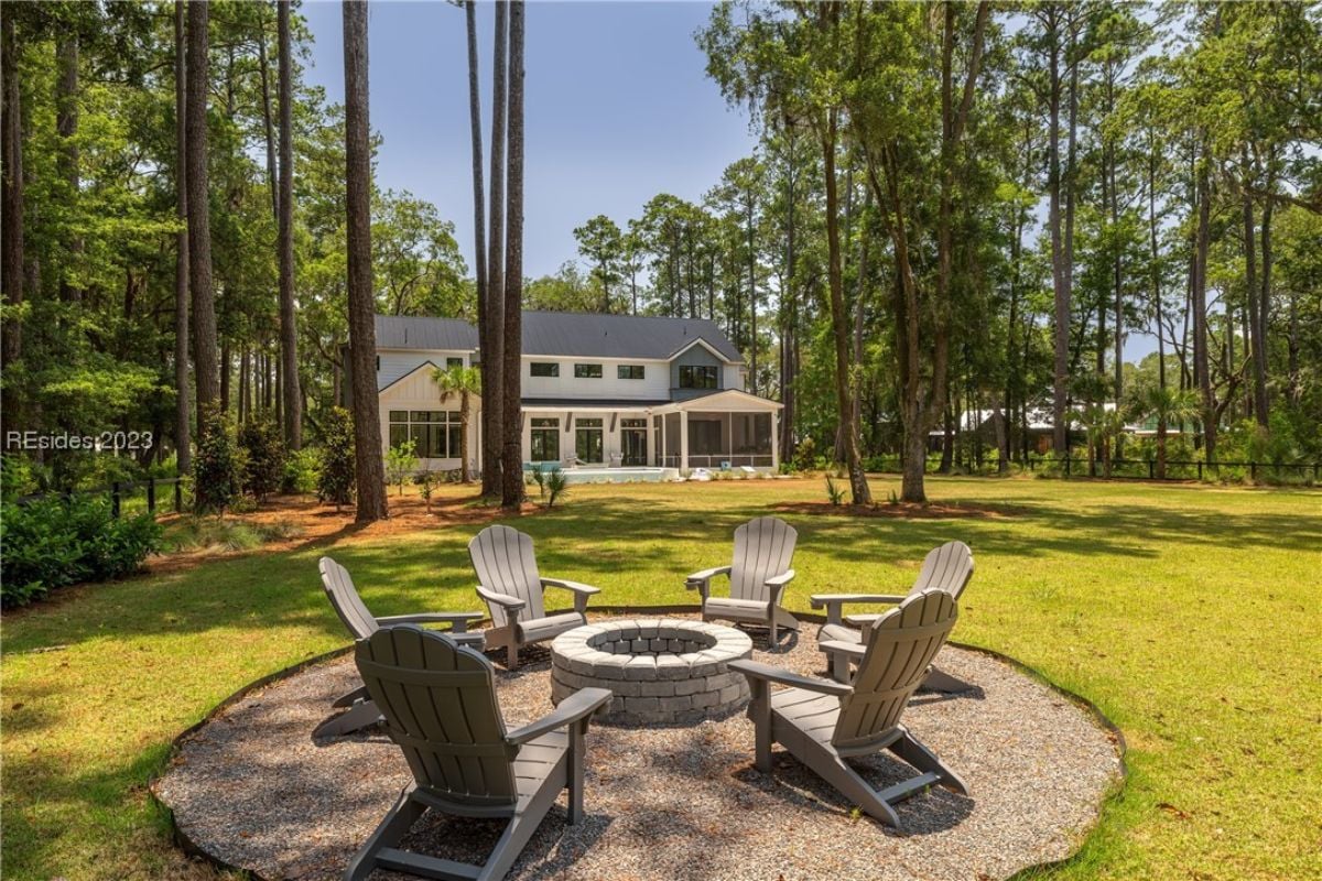 Fire pit in the backyard with chairs.