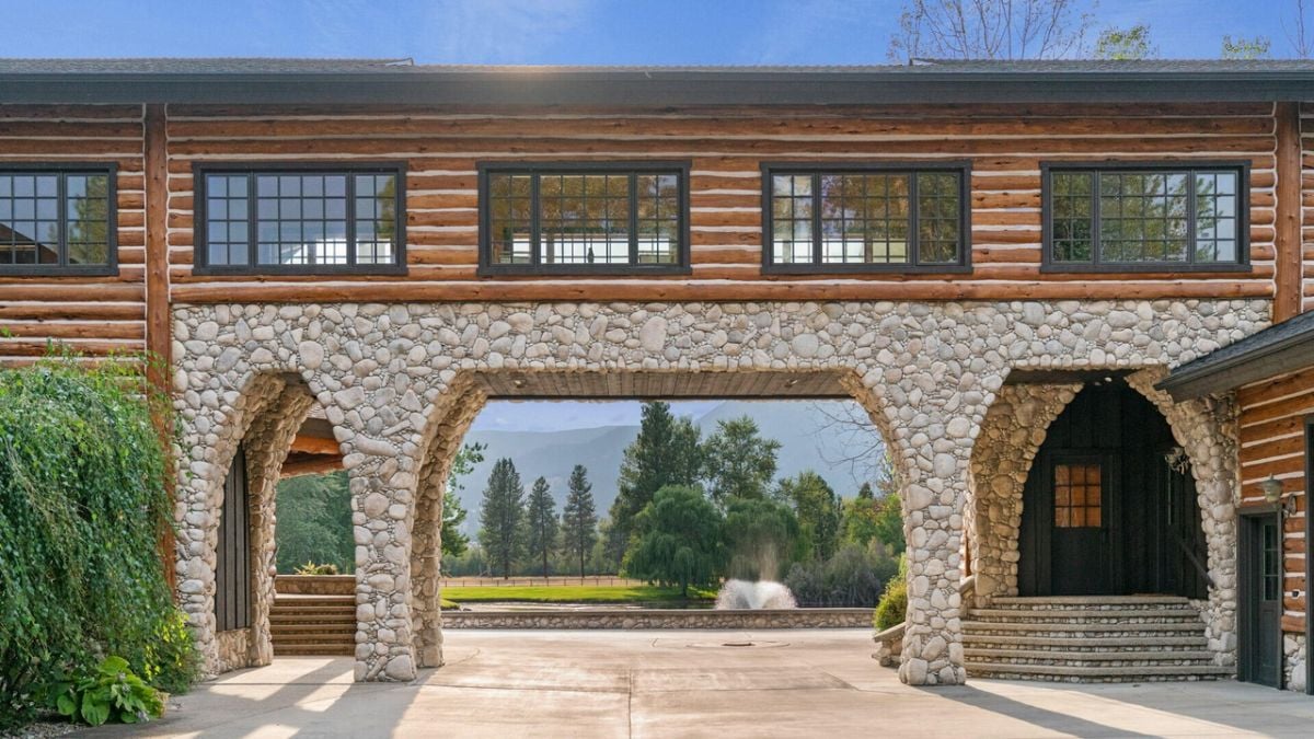Stone arch of the 11,585 Sq. Ft. Mansion in Victor, MT.