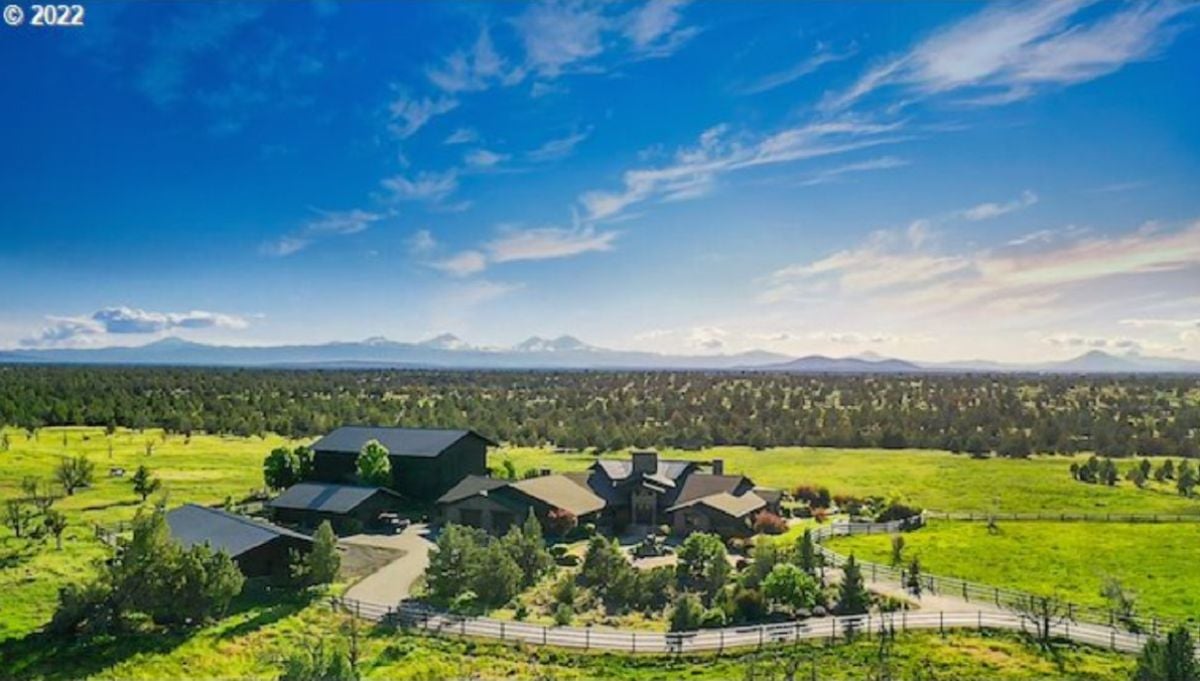 Aerial view of the Front view of the 8,863 Sq. Ft. Estate in Powell Butte, OR.