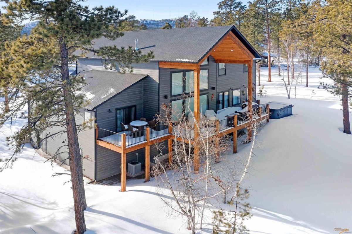 Aerial rear view of the property with a huge balcony.