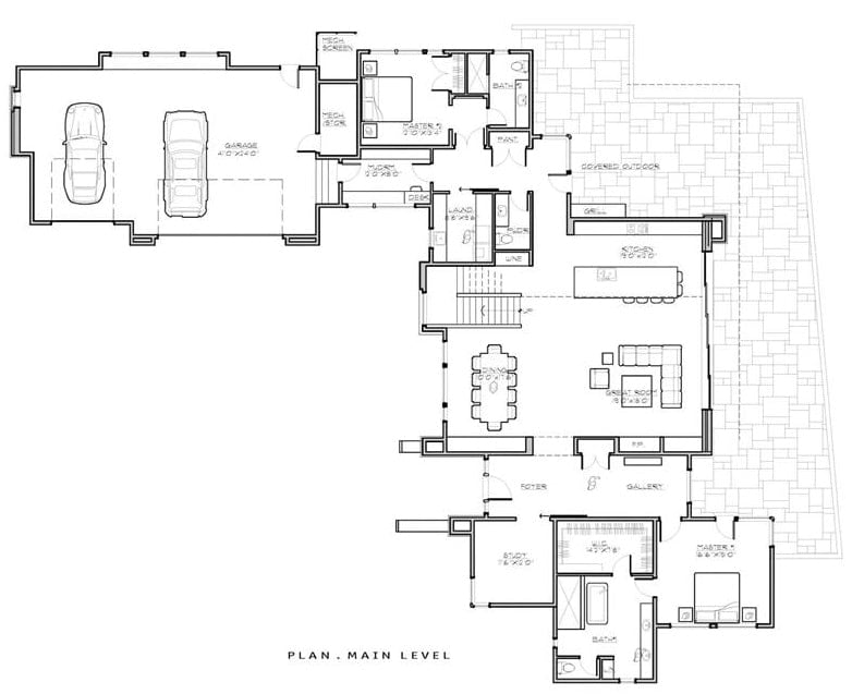 Main level floor plan of a contemporary style 4-bedroom two-story home with foyer, great room, dining area, kitchen, two bedrooms, study, laundry, and mudroom leading to the garage.