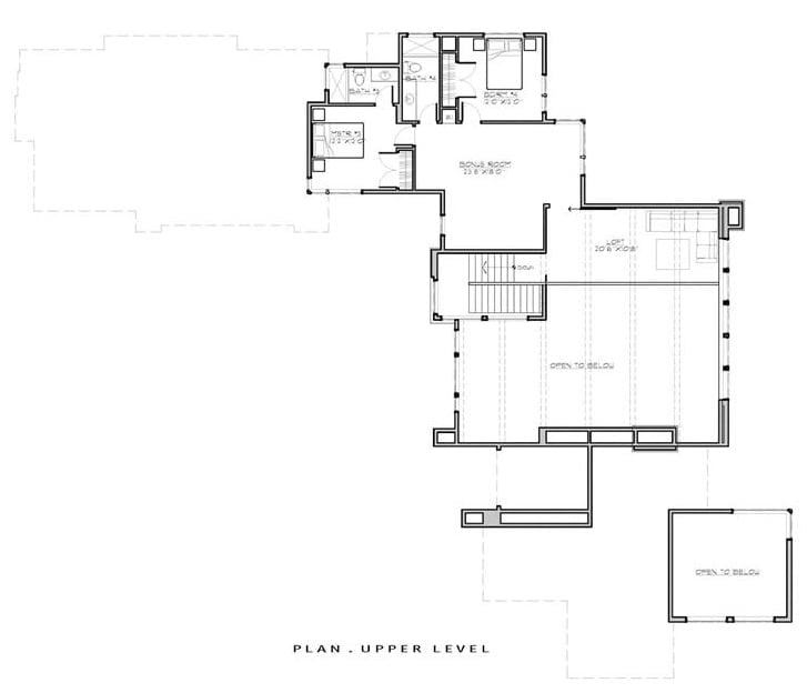 Second level floor plan with two bedrooms, a bonus room, and a loft.