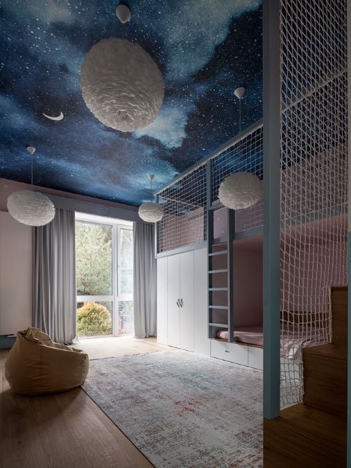 A room with a ceiling painted with stars and planets