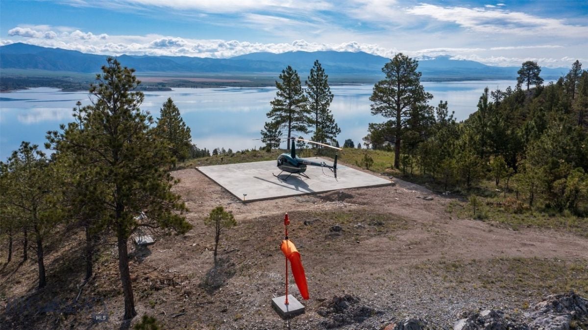 Helipad with a view of the lake and mountains.