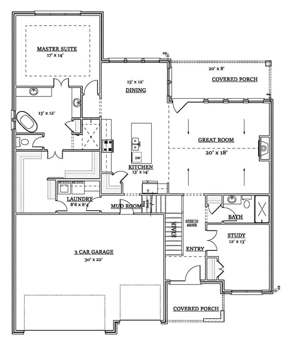 Main level floor plan of a two-story 3-bedroom modern farmhouse with foyer, study, great room, kitchen, dining area, laundry, primary suite, and mudroom that opens to the garage.