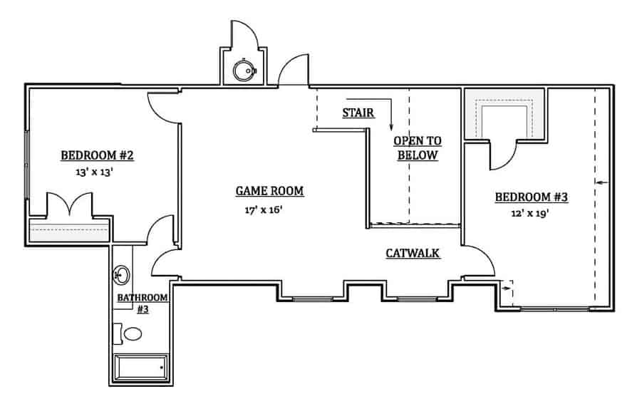 Second level floor plan with two bedrooms, a shared bathroom, and a game room.