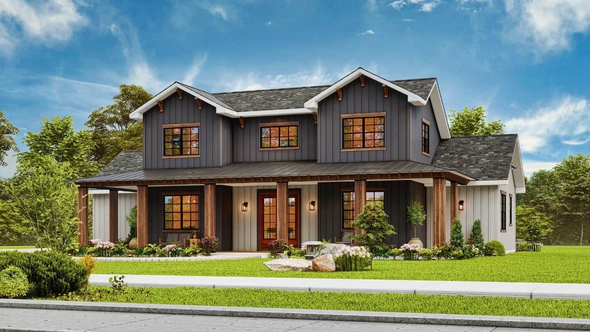 Front rendering with twin gables, vertical siding in contrasting hues, and an expansive porch framed with wooden pillars.